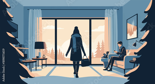 Two people in a cozy room look out at a winter landscape at dawn