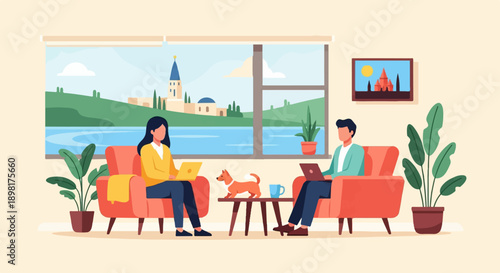 Two people and a dog working on laptops in cozy room overlooking water and town