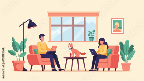 Two people and a dog working remotely in a cozy, sunlit living room