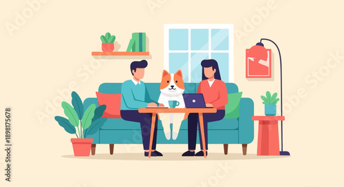 Two people and a dog working together on a laptop at home
