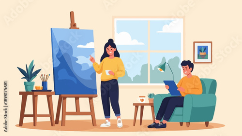 Two people in a cozy room, one painting, the other using a tablet