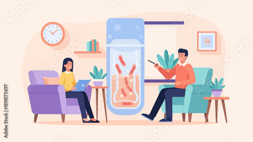 Two people in a cozy room, one using a laptop, the other pointing at a specimen