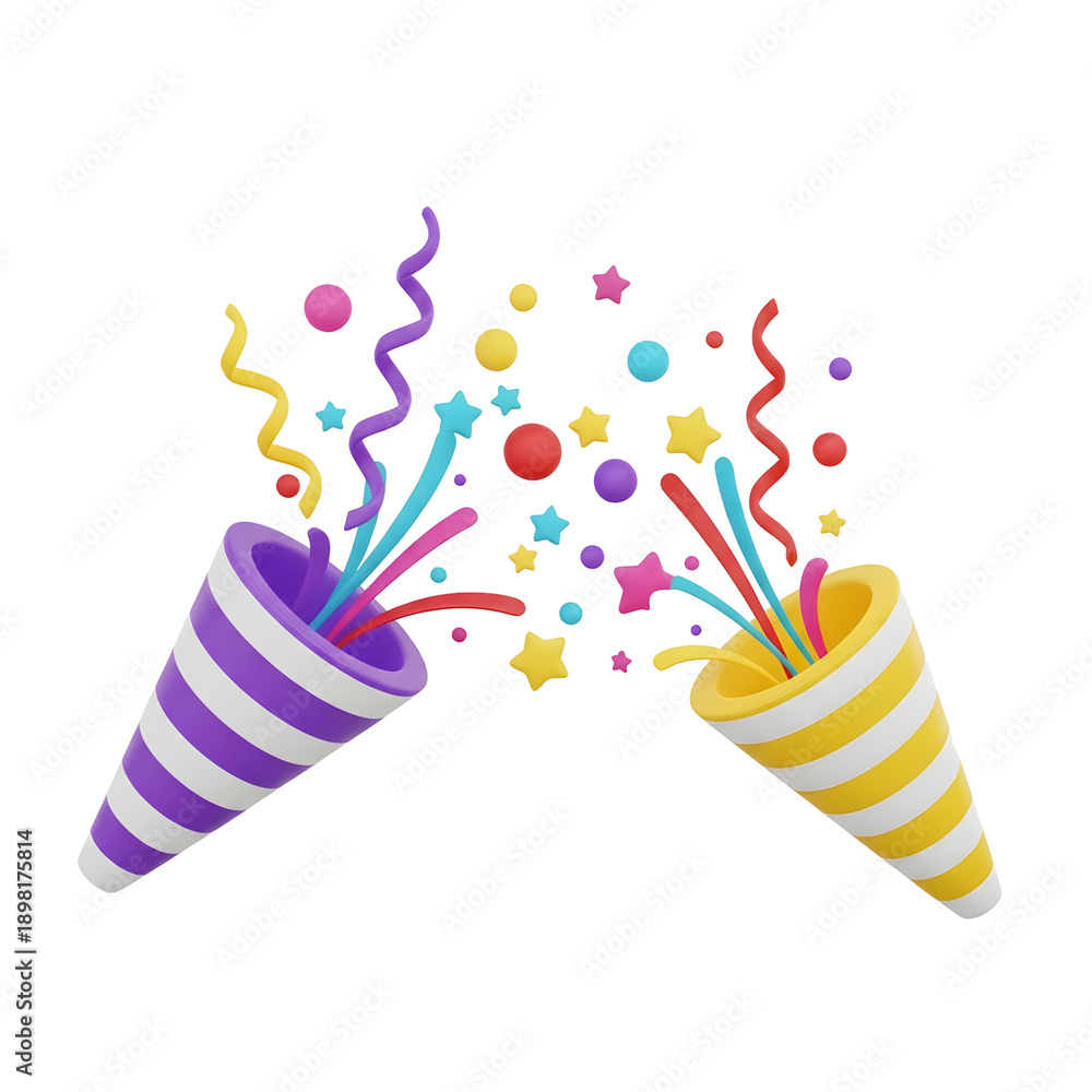 Obraz premium Two colorful 3d party poppers explode with confetti and streamers brightly