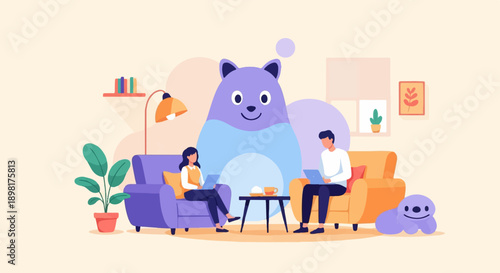 Two people and a pet relax in a cozy living room with a giant cartoon cat