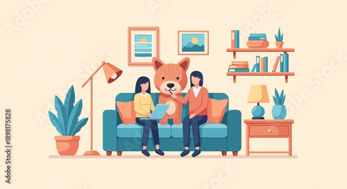 Two people and a stuffed dog sitting on a couch in a cozy living room