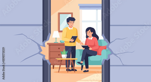 Two people converse inside a room with a broken wall section