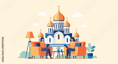 Two people converse in comfortable chairs before an ornate church with golden domes