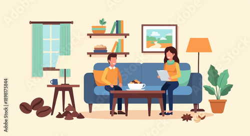 Two people converse in a cozy living room with coffee beans
