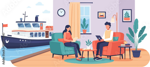 Two people in a living room look at tablets with a ferryboat outside