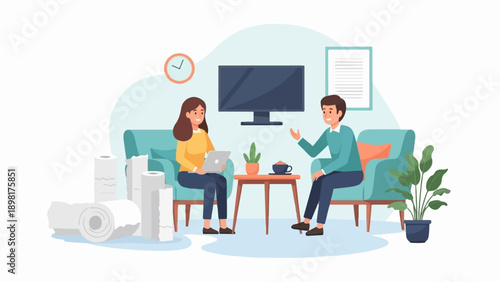 Two people in a living room discussing work on a laptop