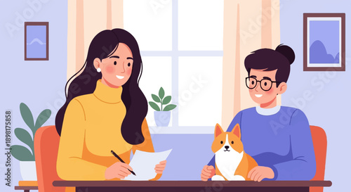 Two people and a dog sitting at a table, one writing