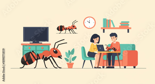 Two people and ants interact in a room with furniture and a TV