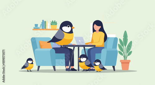 Two people and birds at table with laptop and sofa