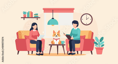 Two people and a dog in a cozy room with furniture and plants