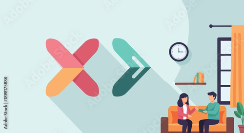 Two people converse on a couch in a room with abstract shapes and clock