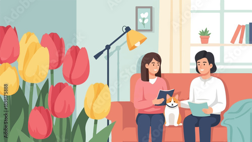 Two people and a dog sit on a sofa reading books near tulips and a lamp