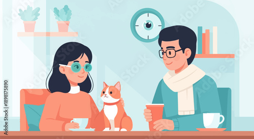 Two people and cat enjoy coffee and books in cozy indoor setting