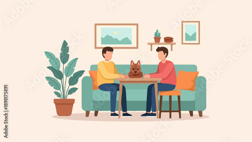 Two people and a dog sit on a couch at a table