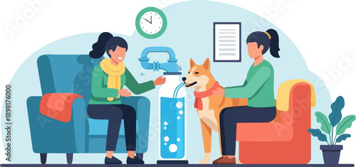 Two people and dog interact with a large water dispenser in a living room