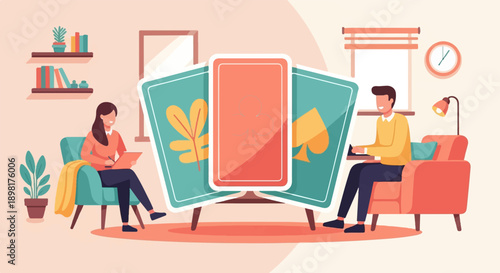 Two people in a living room, one with cards and a tablet, the other on a laptop