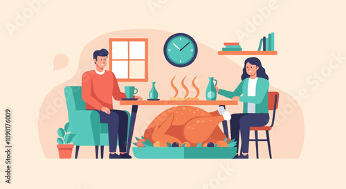 Two people dining together at a table with a roasted turkey