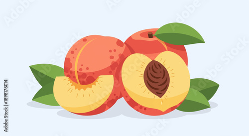 Two juicy peaches, one sliced in half, with a wedge beside them