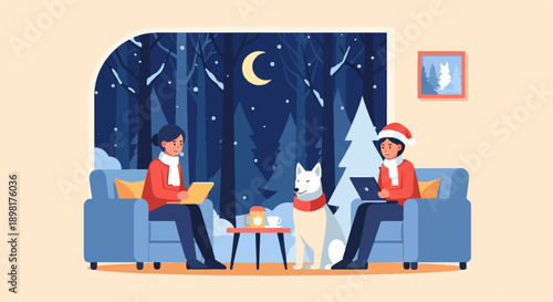 Two people and a dog enjoy a cozy winter evening with laptops and hot drinks