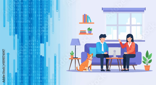 Two people and a dog are in a living room with a computer and books