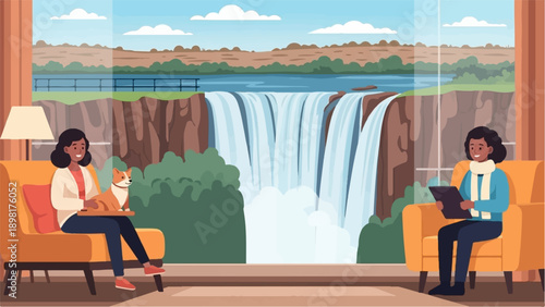 Two people and a dog relaxing indoors with a waterfall view