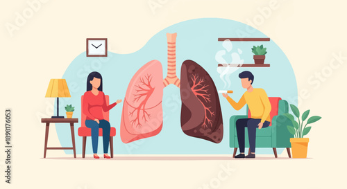 Two lungs, one healthy, one damaged by smoking, with people
