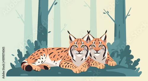 Two lynx cats resting peacefully in a stylized forest of blue and green trees