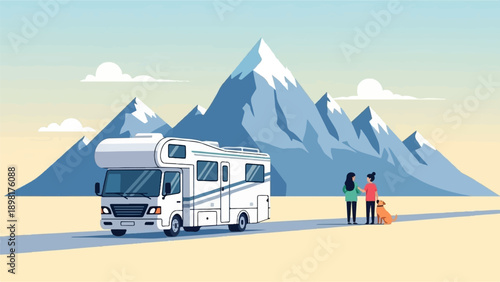 Two people and a dog admire a camper van in a mountain landscape