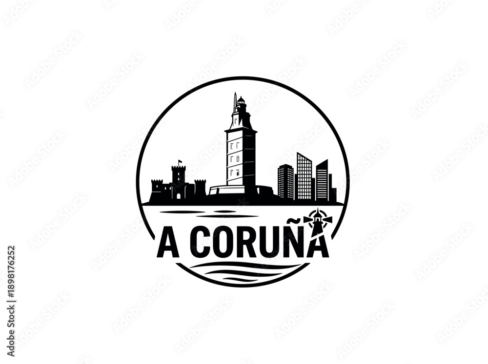 Obraz premium A Coruna city of Spain stylized black and white skyline logo with iconic architecture