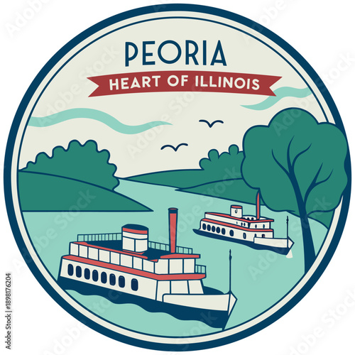 Peoria Illinois circular travel emblem featuring steamboats on the river vector illustration