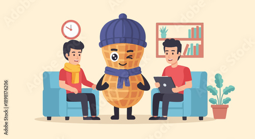 Two men and a winking peanut mascot sit in armchairs, with a clock and bookshelf in background