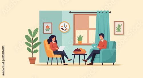 Two people in a living room using laptops and tablets