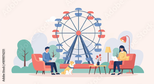 Two people and dog relax at home near a Ferris wheel