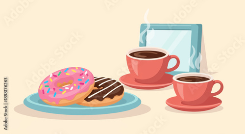 Two cups of steaming coffee and a plate with two decorated donuts