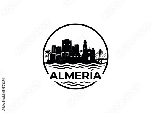Wallpaper Mural Almeria city of Spain stylized black and white skyline logo with iconic architecture Torontodigital.ca