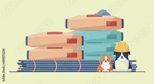 Two cute cartoon dogs, one wearing a hard hat, sit near construction materials