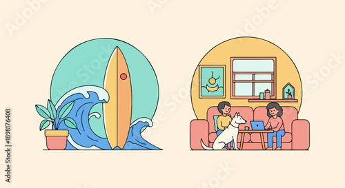 Two halves of a life surfing dreams and cozy home with pets and work