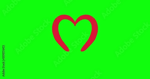 Animated red textured paint brush stroke drawing a single heart shape isolated on green screen