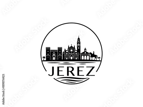Wallpaper Mural Jerez city of Spain stylized black and white skyline logo with iconic architecture Torontodigital.ca