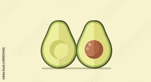 Two halves of avocado, one with seed, on plain background