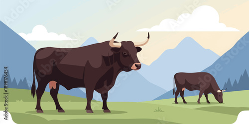 Two dark cows graze in a grassy field with mountains and clouds