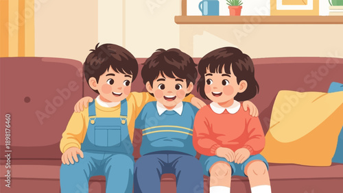 Three smiling children sitting on a couch with arms around each other