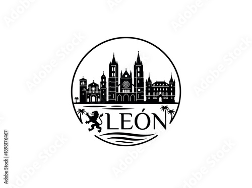 Wallpaper Mural Leon city of Spain stylized black and white skyline logo with iconic architecture Torontodigital.ca