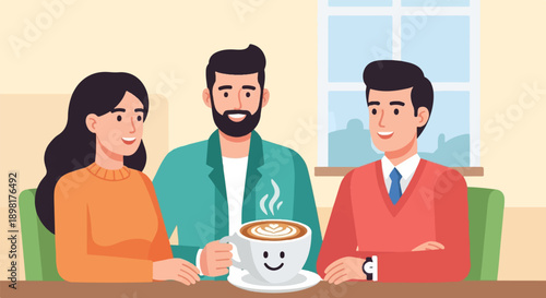 Three smiling people in casual attire share coffee at a table
