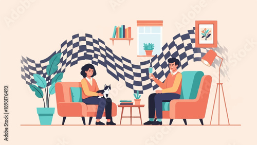Two people and a cat relaxing in a room with a checkered flag decoration
