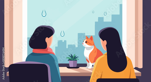 Two people and a cat sit at a table looking out a window on a rainy day